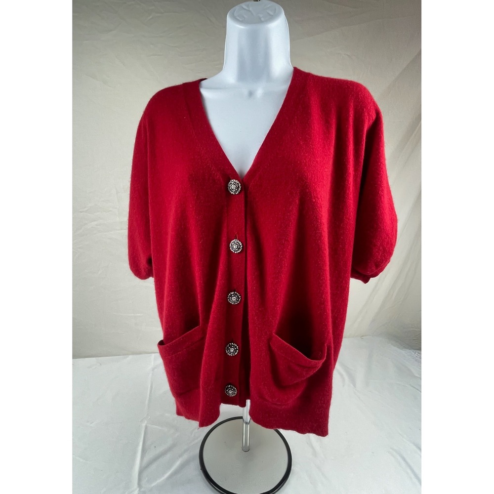 Talbots Red Cashmere Cardigan Sweater Rhinestone Button Short Sleeve 1X